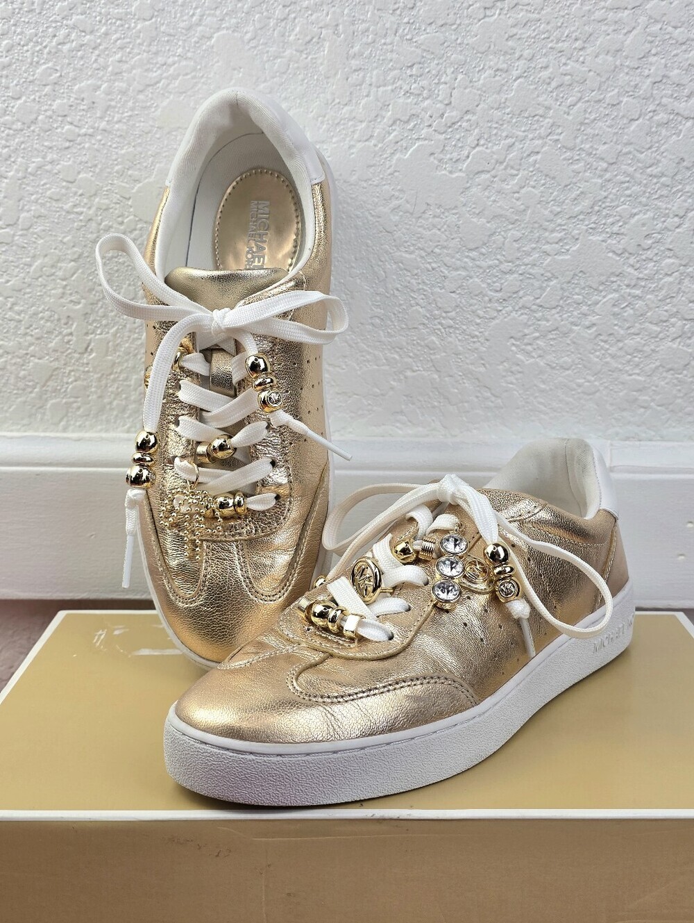 Michael Kors Pale Gold Leather Scotty Sneakers With Charms  Size 6.5